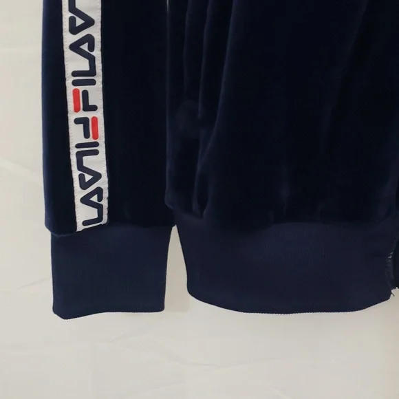90's Style Fila Navy Blue Velour Velvet Zip-Up Hoodie Logo Down Arms Large - Picture 6 of 11